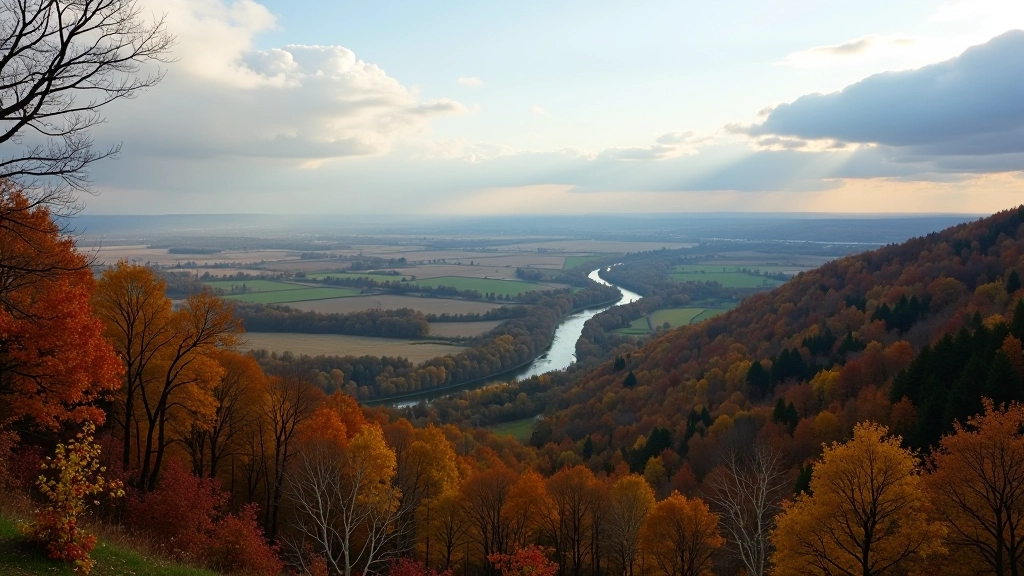Peizažas iš aukštumos — upė ir laukai, rudens spalvos, aiški vidinė šviesa