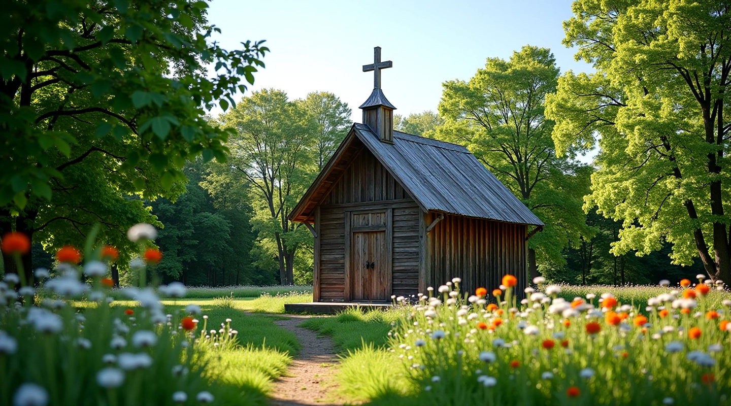 Senos medinės kapelės vaizdas iš šono su kryžiumi, apsupta žalių medžių, saulės šviesa